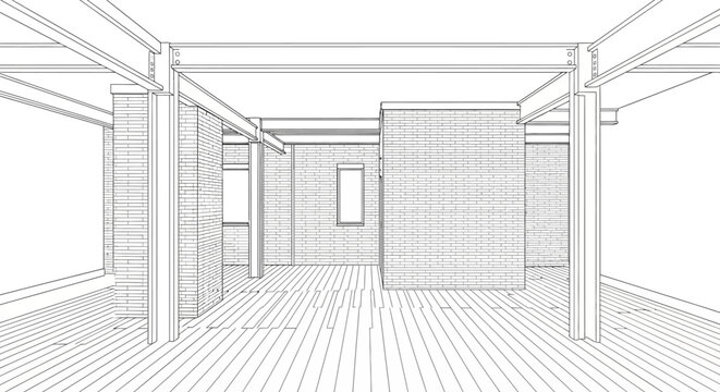 Interior architectural line drawing showing steel beams and brick walls