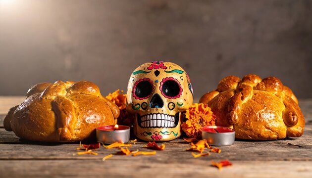 Traditional Dia de los Muertos altar setup with Pan de Muerto bread, painted sugar skull, marigold flowers, and lit tea candles on a rustic wooden table