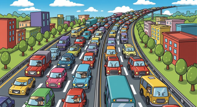 Heavy traffic jam on a busy city highway during the day.