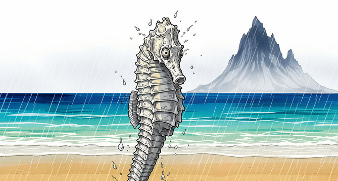 Illustrated seahorse standing on a tropical beach in the rain. Aquatic animal character art on sand with a mountain backdrop. Irony concept, ideal for climate or displacement storytelling.