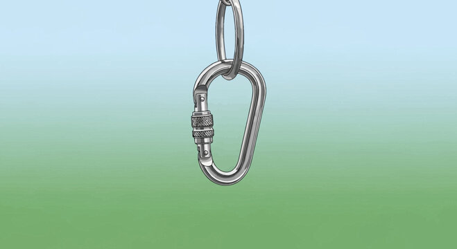 Metal carabiner clip with screw lock hanging on a ring against a gradient background