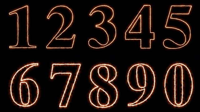 Burning fire numbers glowing on black background