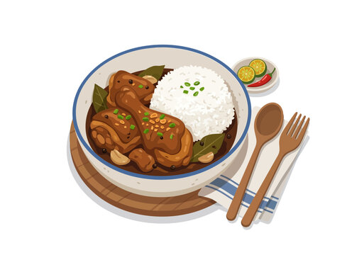 A bowl of delicious chicken adobo with steamed white rice served on a wooden board.