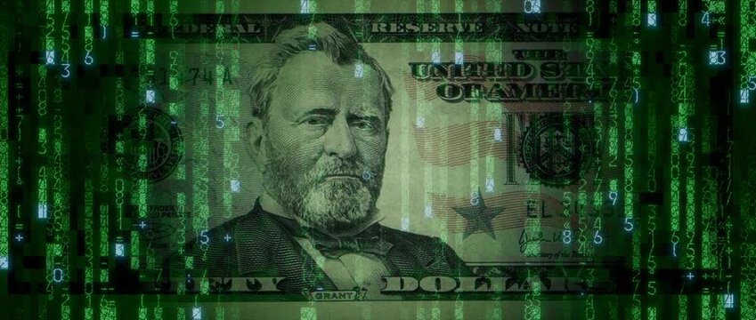 Digital Currency Concept with Fifty Dollar Bill made from Animated Code. Blockchain Banking Background.