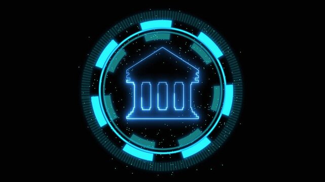 Futuristic neon blue bank icon within a circular HUD. Neon blue bank icon finance. Digital neon blue bank icon for online banking and financial technology conceptual art visuals.