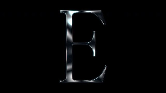 Silver metallic Capital letter "E". Alpha channel. Serif font. Seamless loop video.