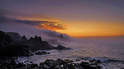 Fototapeta premium Dramatic Coastal Landscape at Sunset Moody Ocean Cliffs, Crashing Waves, Storm Skies for Marketing and Editorial Use