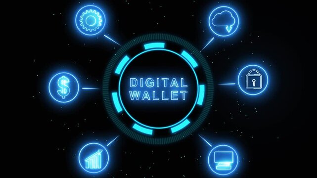 Digital wallet concept with futuristic interface icons. Digital wallet finance. Professional digital wallet concept for mobile payment and electronic currency visualizations art.