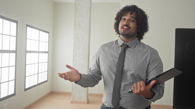 Young man holding clipboard and pointing finger in empty building interior with large windows and wooden floor; trust presentation confidence.