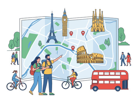 Illustration of travelers exploring European landmarks on a map.