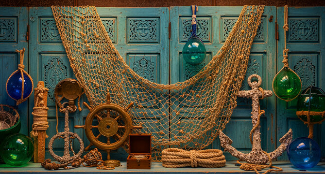 Nautical decor featuring a vintage ship wheel and fishing net. Glass buoys and anchors are arranged against teal panels. Maritime concept for coastal branding and seafood marketing.