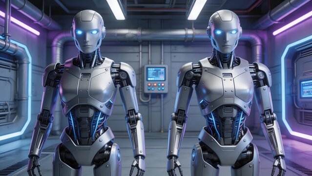 Two humanoid robots in futuristic setting