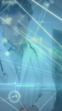 Vertical video: Doctor entering reading chart with steth starting AR HUD aligning nodes with gaze