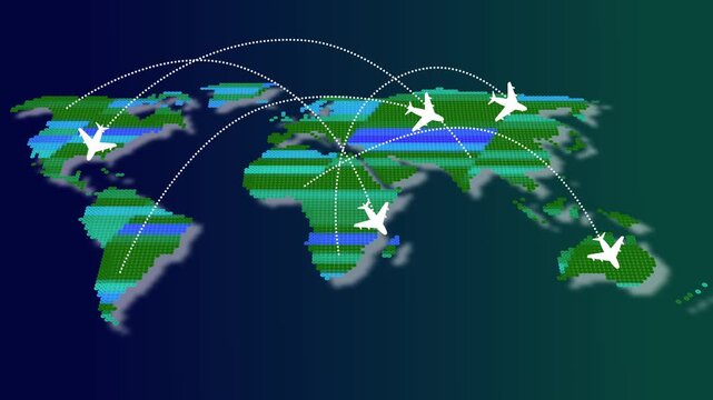 World map with air travel routes and green gradient. World map routes background. Digital world map for international flight tracking and global transportation visuals art.