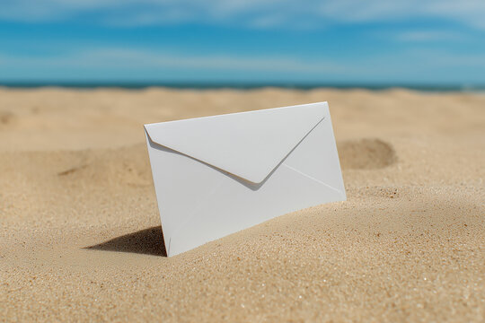 a blank a7 envelope lying in the sand on a beach