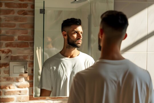 Mann betrachtet sich im Spiegel als Moment der Selbstreflexion und inneren Wahrnehmung
