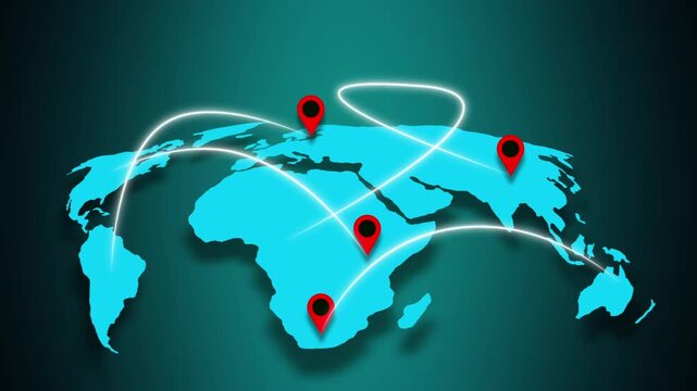 World map with red location pins and connection lines. World map earth continents. Digital world map for global positioning and international business network visuals art.