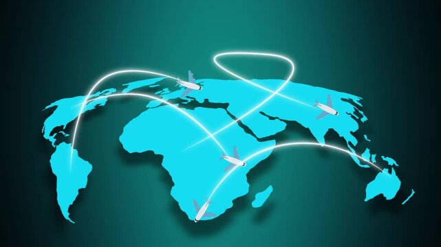 World map with airplanes and glowing connection lines. World map earth continents. Digital world map for global travel tracking and international logistics visualizations art.