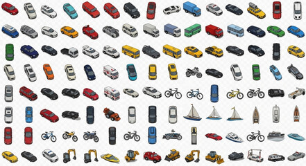 Collection of various transportation vehicles and objects. © Oki