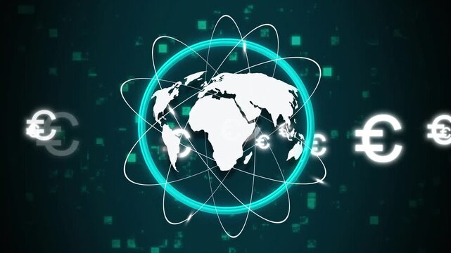 Global finance network with euro symbols and earth. Global finance network world. Digital global finance network for international banking and European investment visuals art.