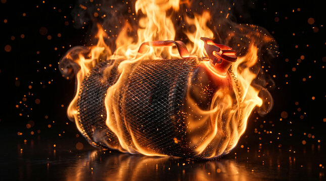 Cinematic Close-Up of an Industrial Gas Cylinder Engulfed in Fierce Orange Flames and Burning Sparks on a Dark Background Representing High Risk Explosive Hazards Disaster and Extreme Heat Energy, hot