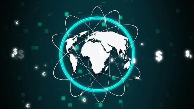Global finance network with dollar and euro symbols. Global finance network globe. Digital global finance network for international banking and global investment visuals art.