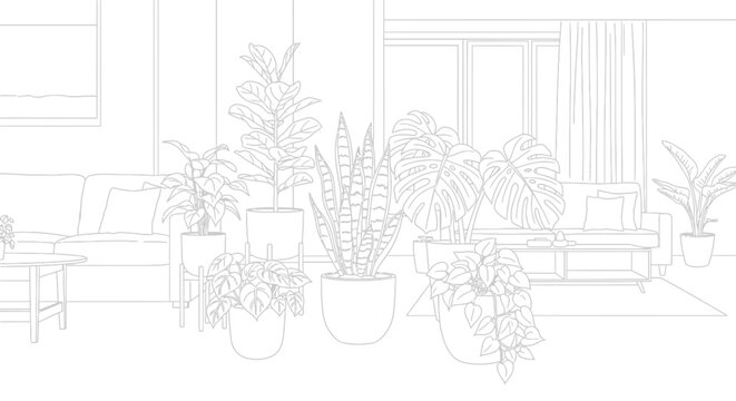 Line art illustration of houseplants in a modern living room