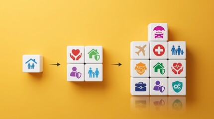 Building Blocks of Security: A visual representation of home, health, family, and asset protection. It conveys the concept of financial security and safeguarding what matters most.