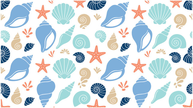 Colorful seashell and starfish pattern for summer beach decor.