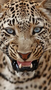 Close up of leopard head with blue eyes looking around. Vertical video of wildlife cat Leopard