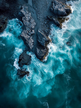 Dramatic aerial view of turquoise ocean waves crashing against dark volcanic rocks and black sand beach coastline