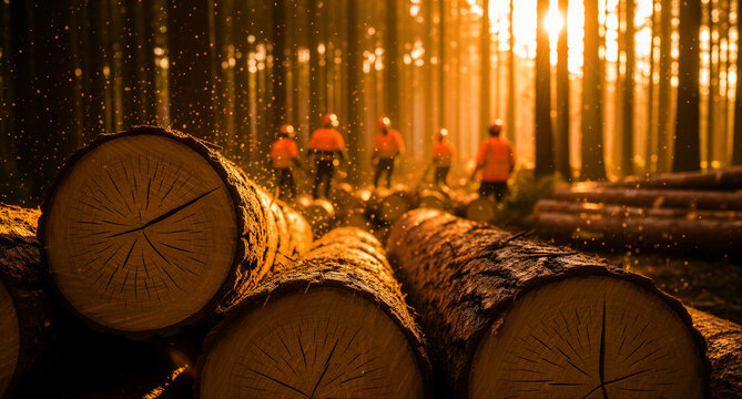 Forestry workers managing timber in a pine forest at sunset. Loggers in safety gear work behind cut logs during golden hour. Industrial wood production concept for timber industry marketing.