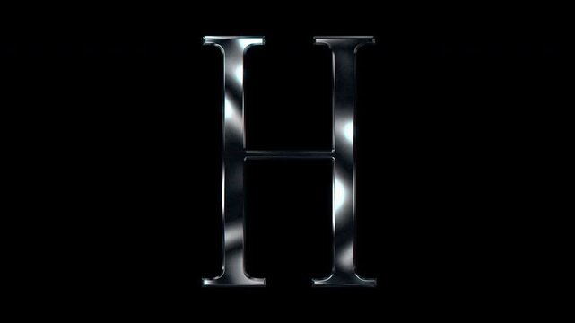 Silver metallic Capital letter "H". Alpha channel. Serif font. Seamless loop video.