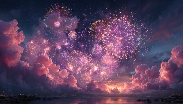 Pink fireworks exploding in the night sky to celebrate New Yeara??s Eve