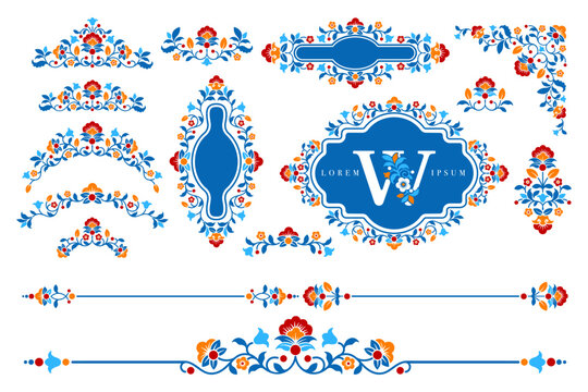 Collection of luxury frames, borders, dividers and corners with floral motifs and ornate swirls. For greeting card, wedding invitation, restaurant menu, label, certificate design. Vector illustration