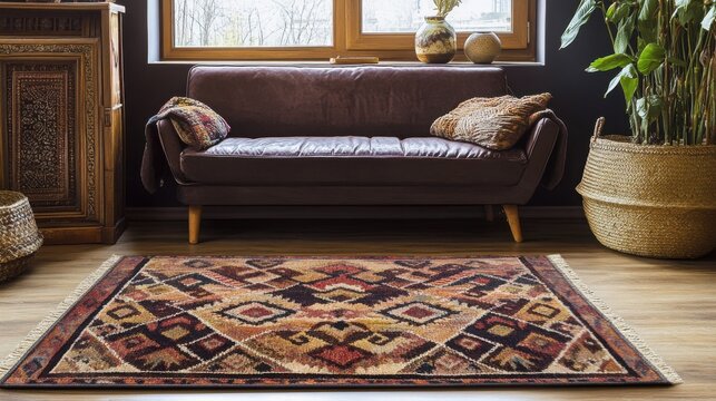 Vibrant bohemian rug pattern in earthy tones on wooden floor with brown leather sofa and plant