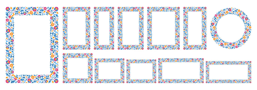 Collection of luxury rectangle frames with floral motifs and swirls. Various size for social media and print. Good for label, greeting card, invitation, menu, certificate design. Vector illustration