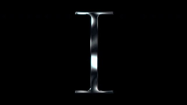 Silver metallic Capital letter "I". Alpha channel. Serif font. Seamless loop video.
