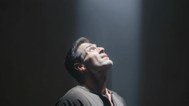 Man gazing upward as a divine light pierces the surrounding darkness, symbolizing revelation, hope, and spiritual awakening