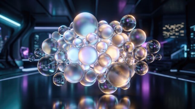 Futuristic glass spheres floating in high-tech laboratory, glowing transparent bubbles in neon sci-fi interior, abstract crystal orbs for data visualization