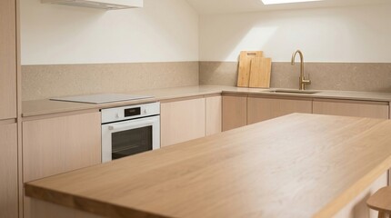 Fototapeta premium Modern kitchen, minimalist design, Scandinavian interior, wooden cabinets, kitchen island, luxury home, contemporary decor featuring a white oven and brass faucet in a bright home.