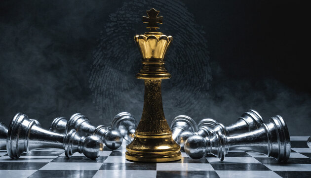 A single majestic golden king chess piece stands triumphantly amidst a circle of defeated silver chess pieces on a chessboard.