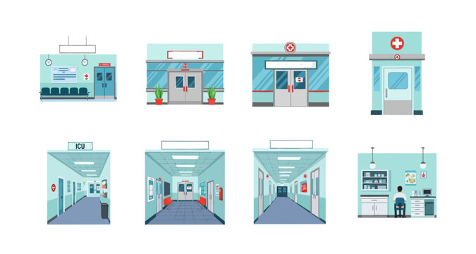 hospital rooms and departments illustrations on transparent background
