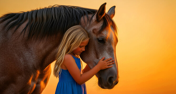 Young girl hugging a horse during a vibrant golden hour sunset. Child expressing affection and care for her equine companion in a rural setting. Emotional bond and animal therapy concept.