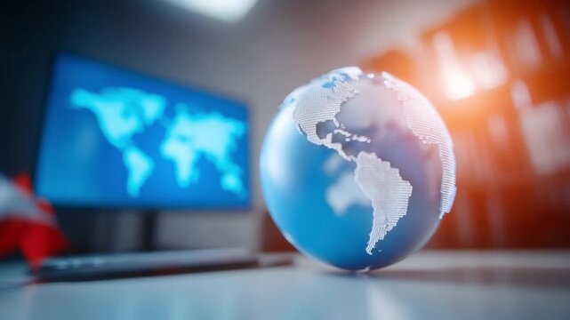 Global Connectivity: An office setting with a globe at the forefront, complemented by a computer display showing the world map, symbolizing international connections. 