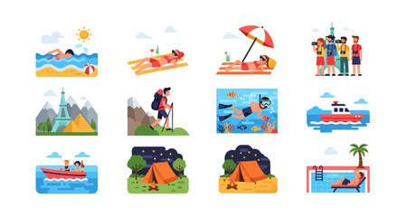 Naklejka premium travel and vacation activities icons on transparent background