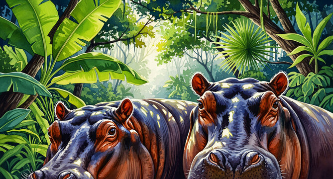 Two hippos in a lush tropical jungle environment. Watercolor illustration featuring hippopotamuses among exotic banana leaves. African wildlife concept, ideal for nature-themed decor and media.