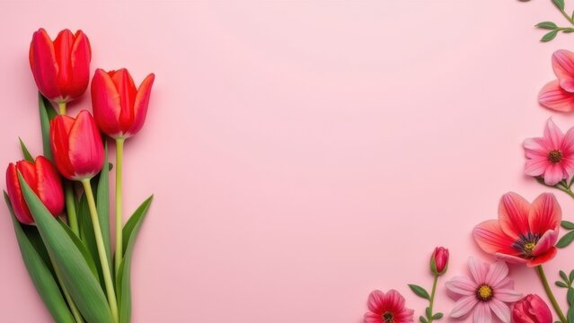 red tulips flat lay on pink background floral border with copy space valentines and mothers day template