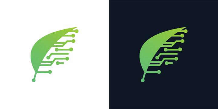 abstract green leaf digital data technology icon, symbol, vector logo design illustration 