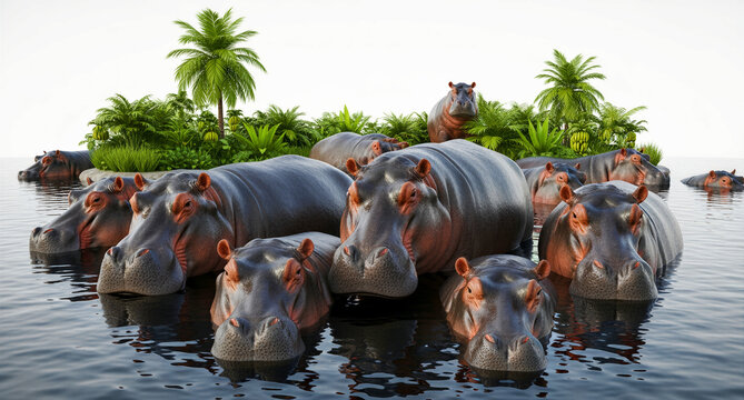 Large group of hippopotamuses partially submerged in tropical water. Pod of hippos gathered in a lush jungle river environment. Wildlife safari concept for nature and animal conservation media.